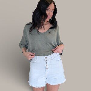 White Button Front Denim Shorts - Large